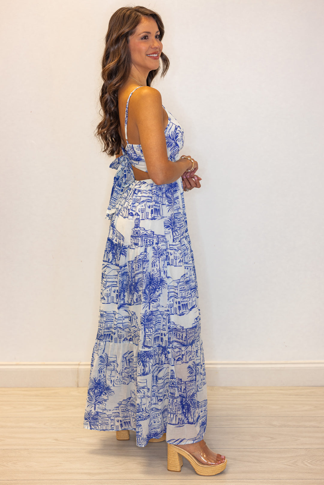 blue white coastal printed maxi dress
