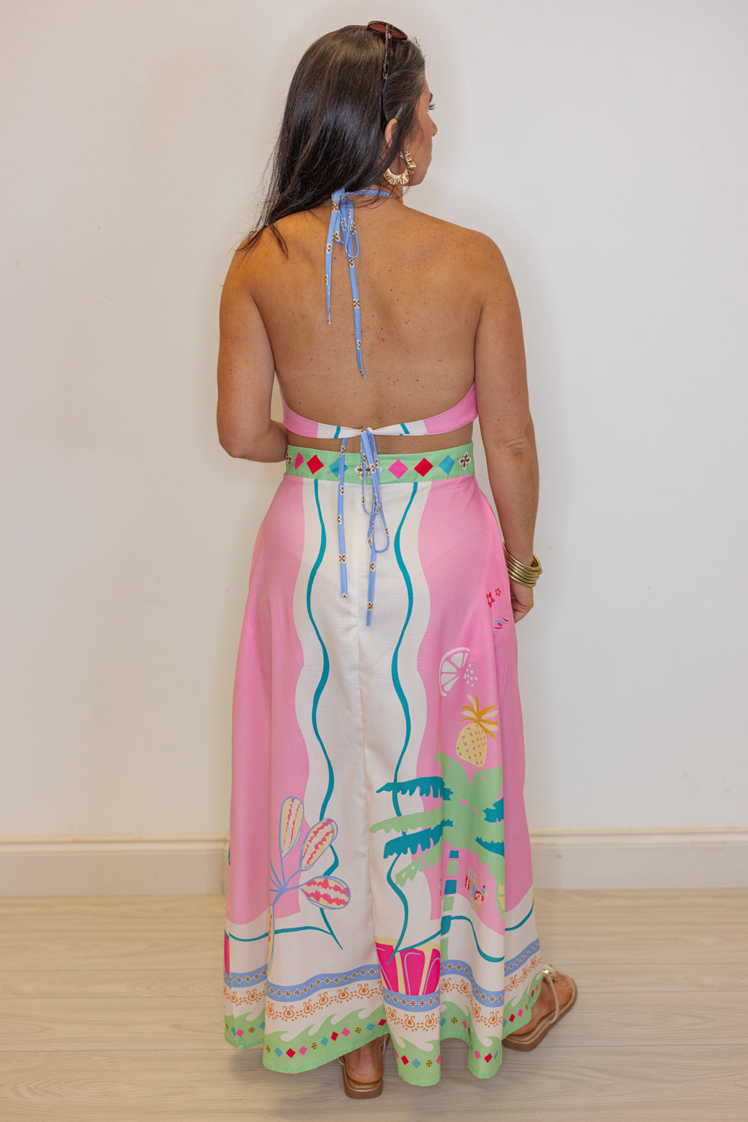 pink tropical printed halter maxi dress