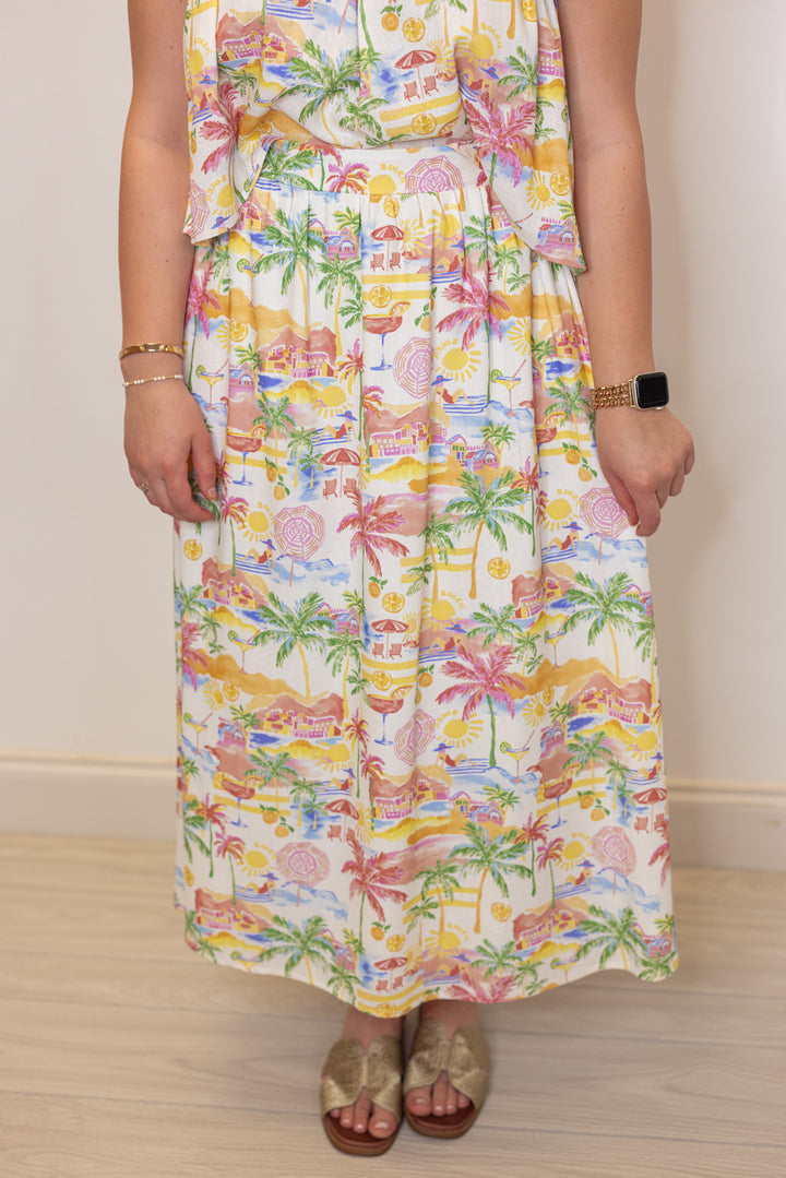 tropical beach landscape printed matching skirt top set