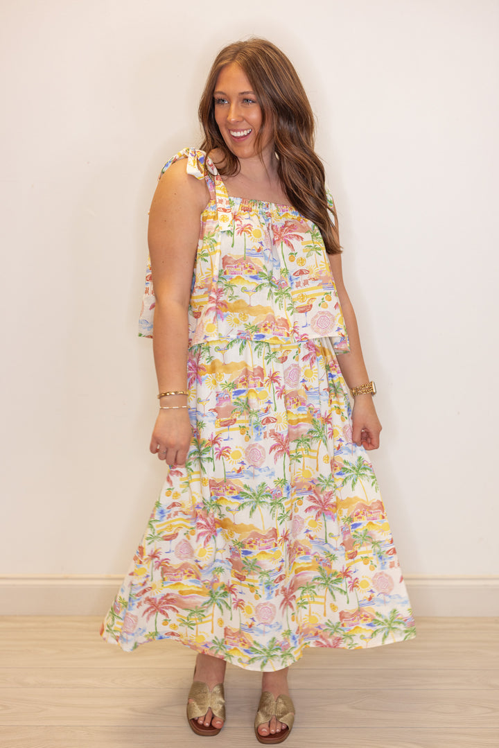 tropical beach landscape printed matching skirt top set