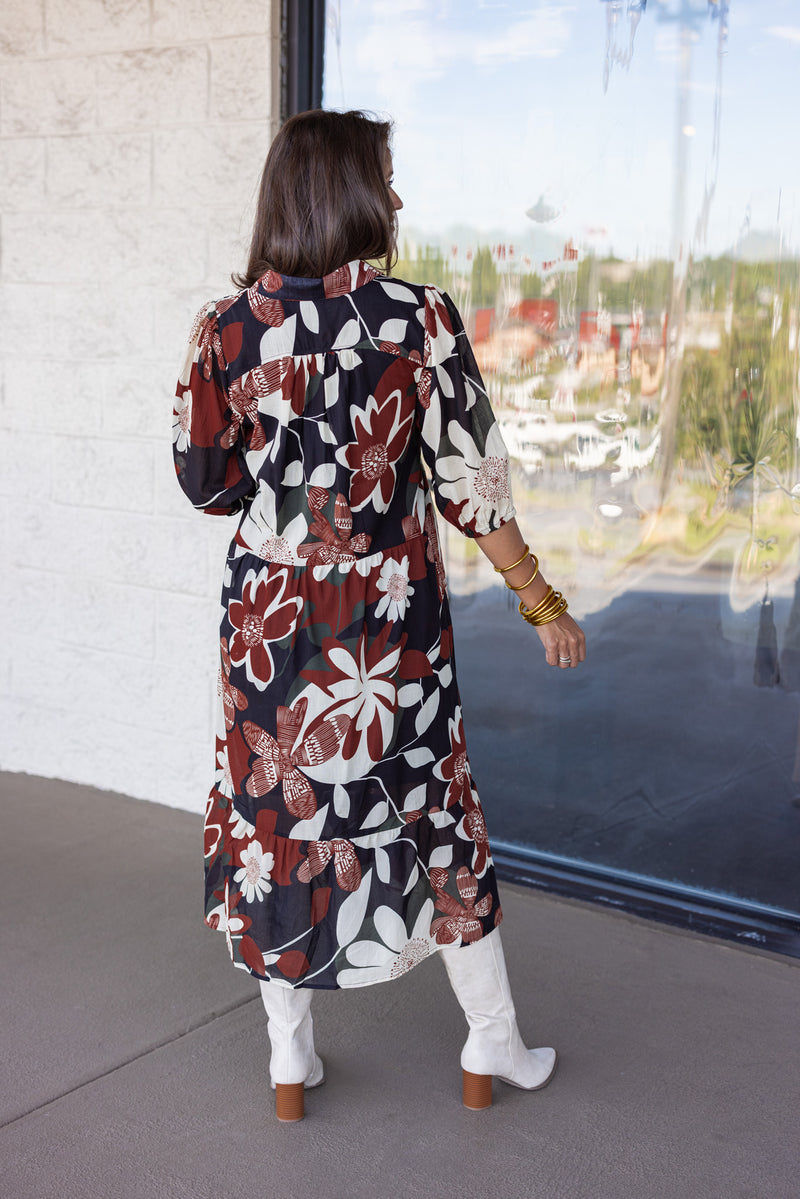 umgee black rust floral midi dress