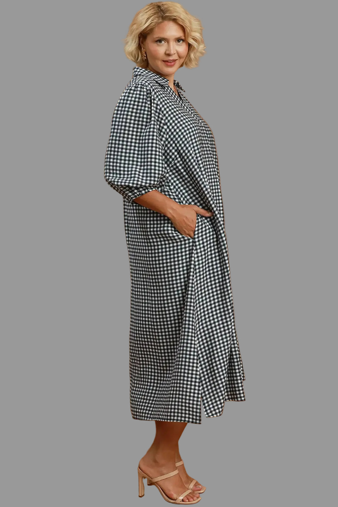 umgee gingham black dress with side slits