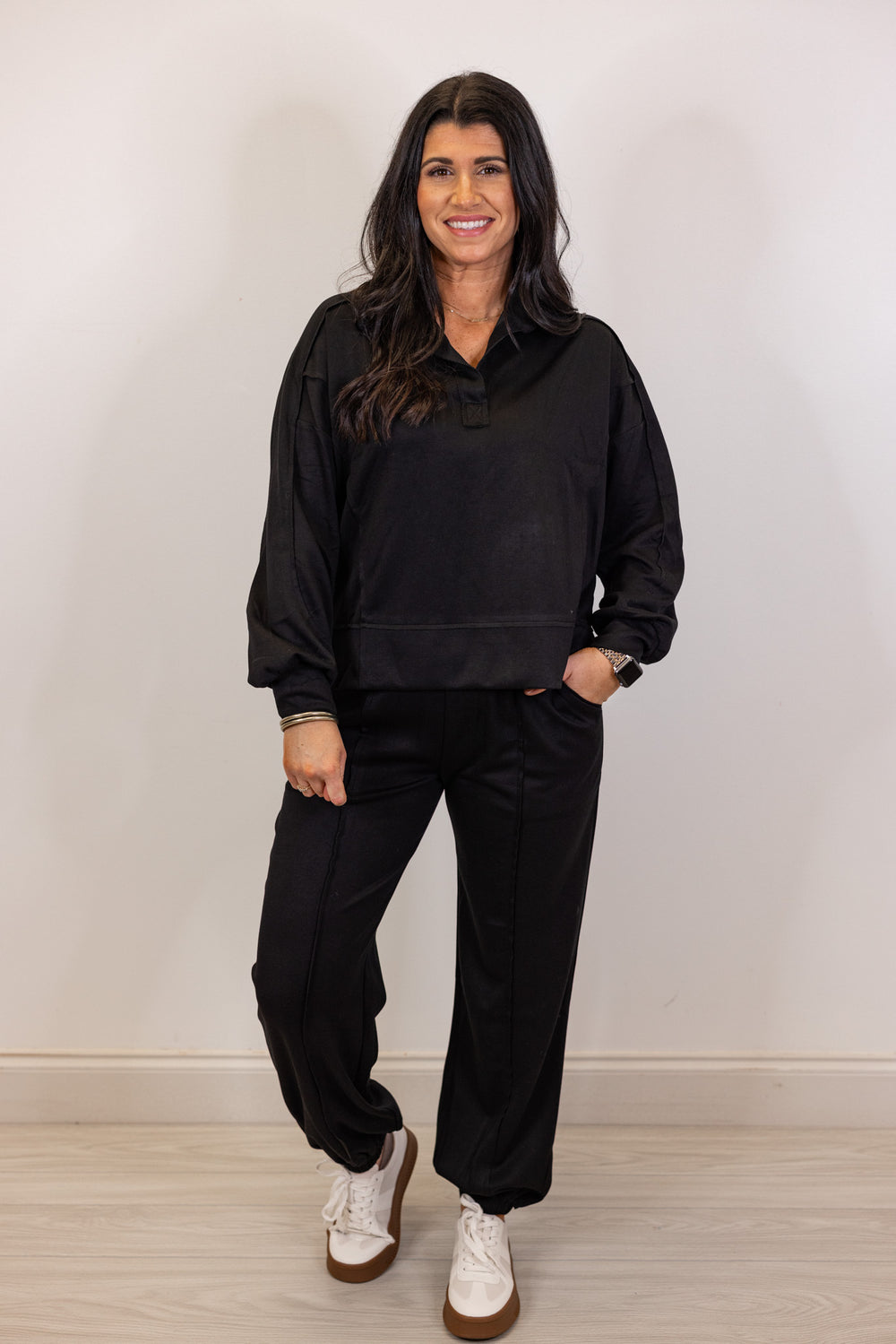 umgee black scuba knit pullover top