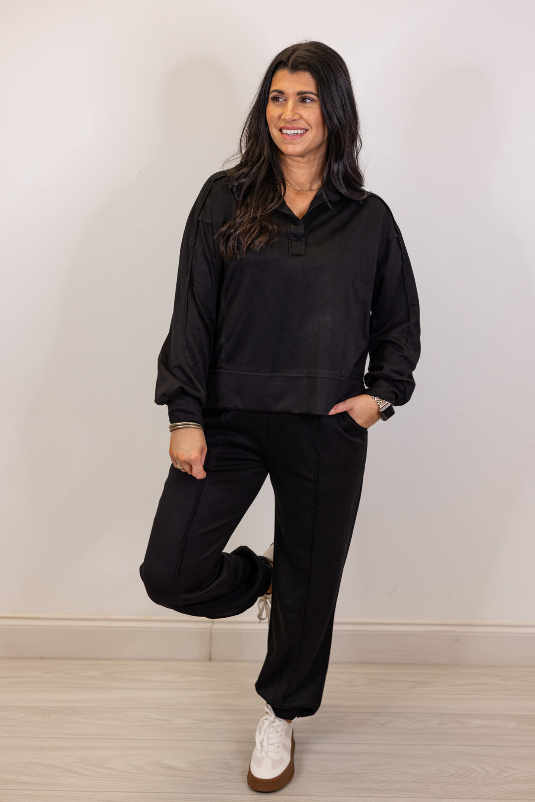 umgee black scuba knit pullover top