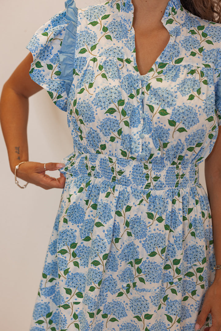 spring blue floral printed midi dress