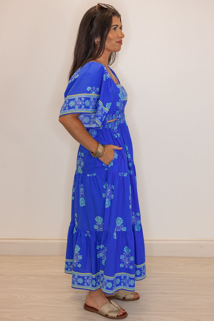 umgee blue tropical printed floral midi dress