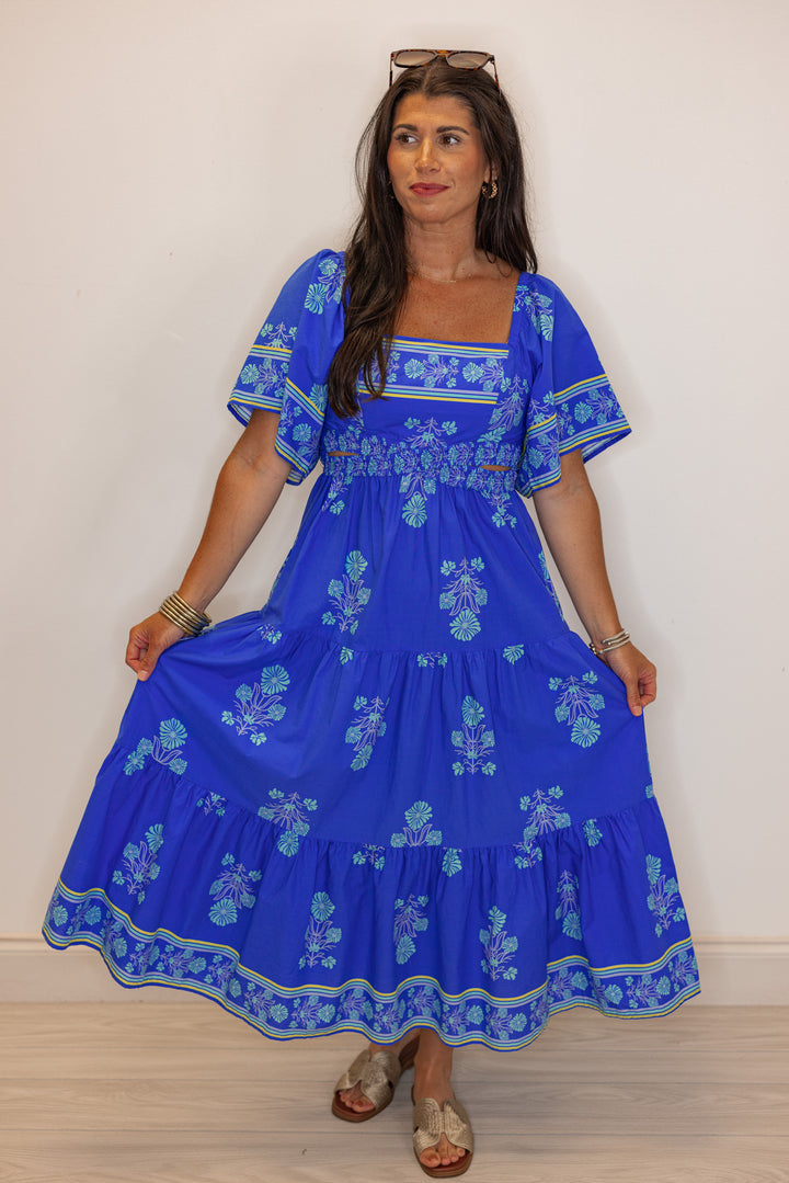 umgee blue tropical printed floral midi dress