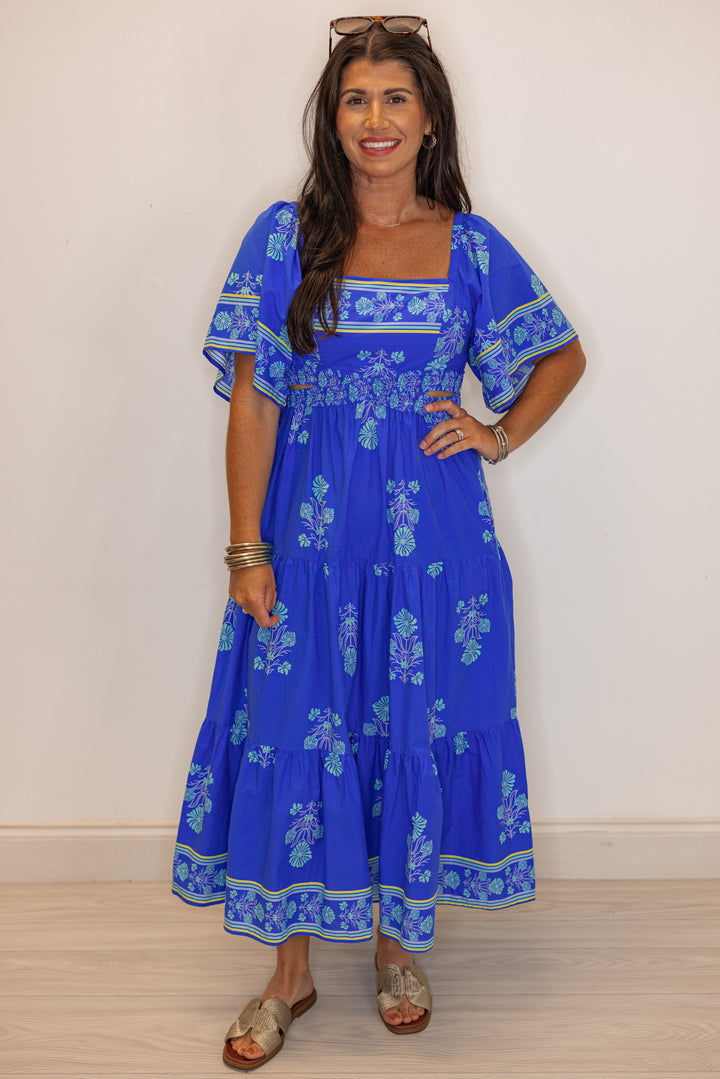 umgee blue tropical printed midi dress