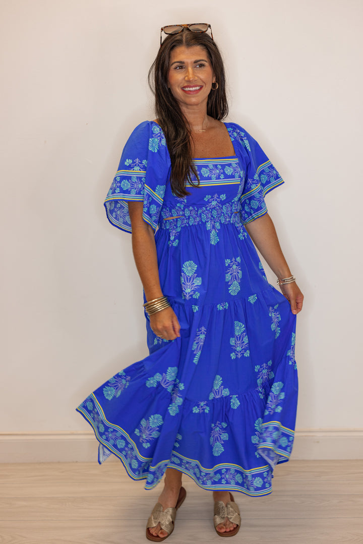umgee blue tropical floral midi dress