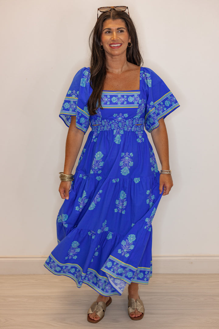 umgee blue tropical printed floral midi dress