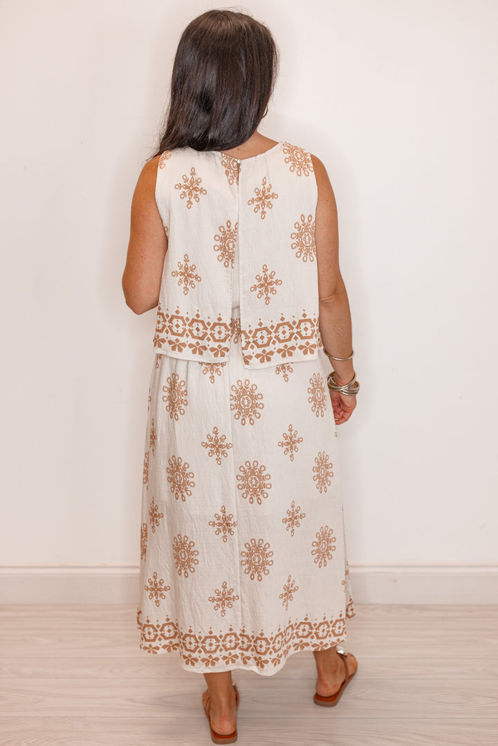 umgee linen ivory tan boho printed midi dress
