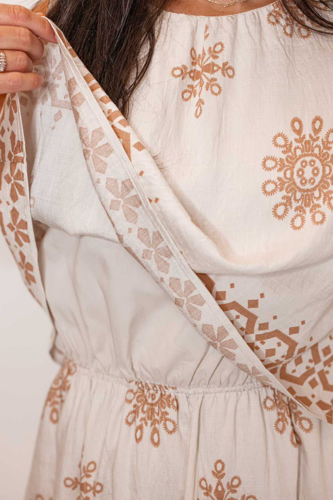 umgee linen ivory tan boho printed midi dress