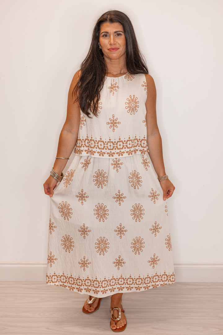 umgee linen ivory tan boho printed midi dress