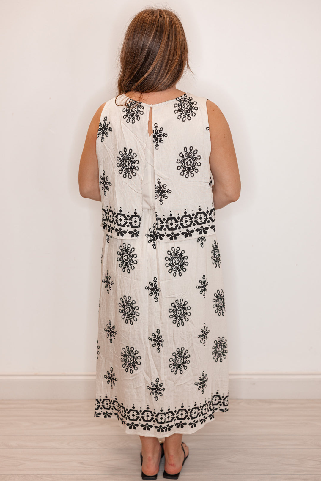 umgee linen ivory black boho printed midi dress