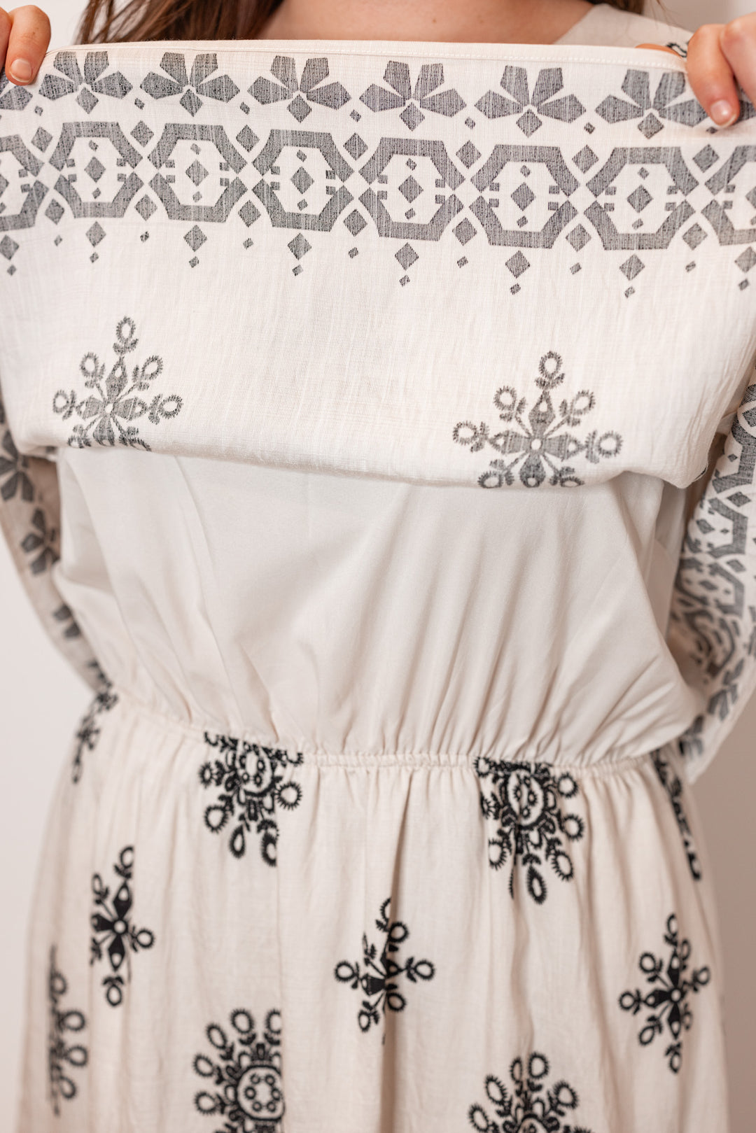 umgee linen ivory black boho printed midi dress