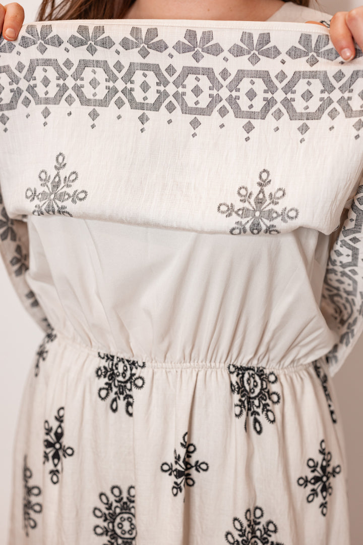 umgee linen ivory black boho printed midi dress