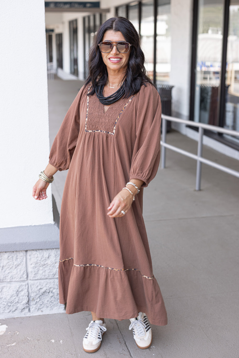 Women's brown midi dress with smocked bodice and leopard print trim by Umgee, perfect for teachers