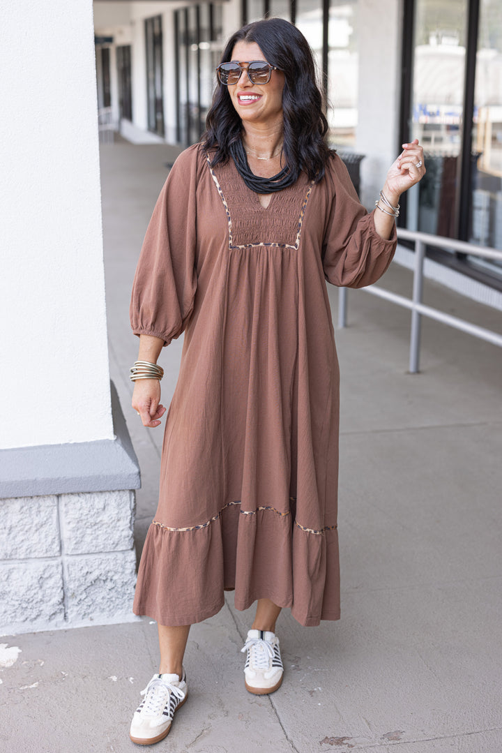 Women's brown midi dress with smocked bodice and leopard print trim by Umgee showing full front view