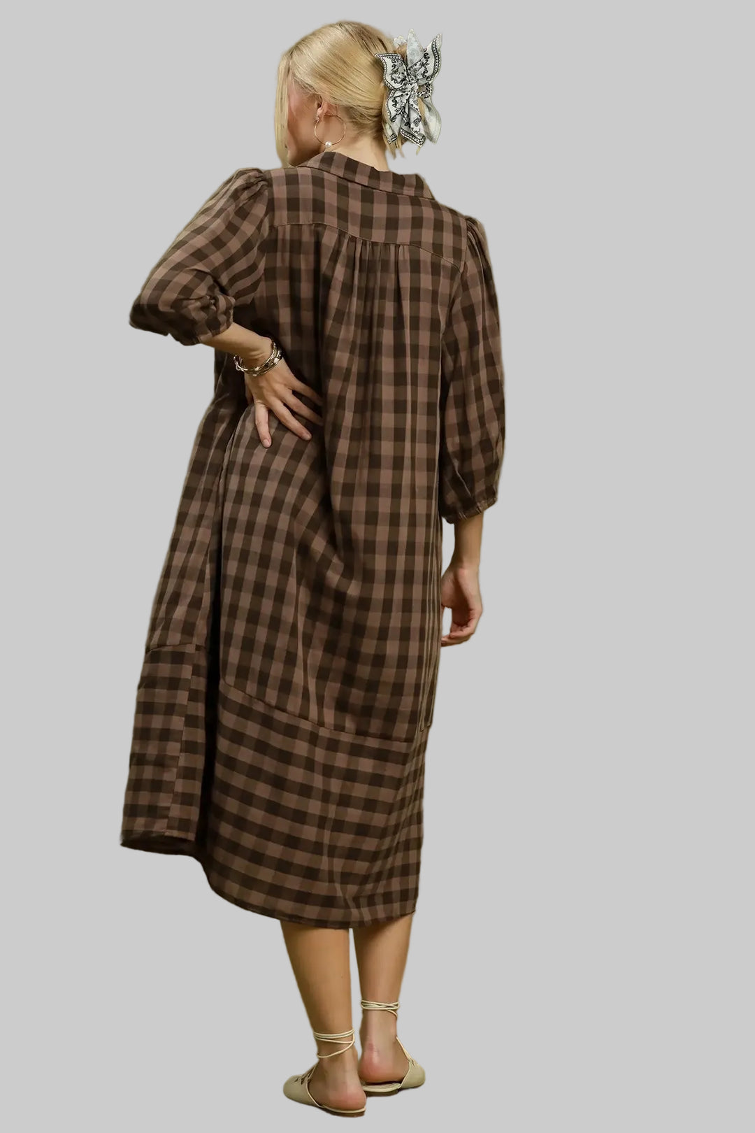 Umgee brown and black plaid midi dress with flattering silhouette