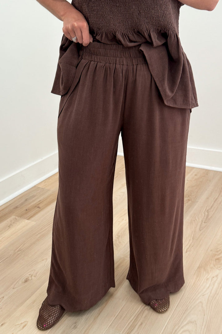 umgee brown scalloped pants set elastic waistband