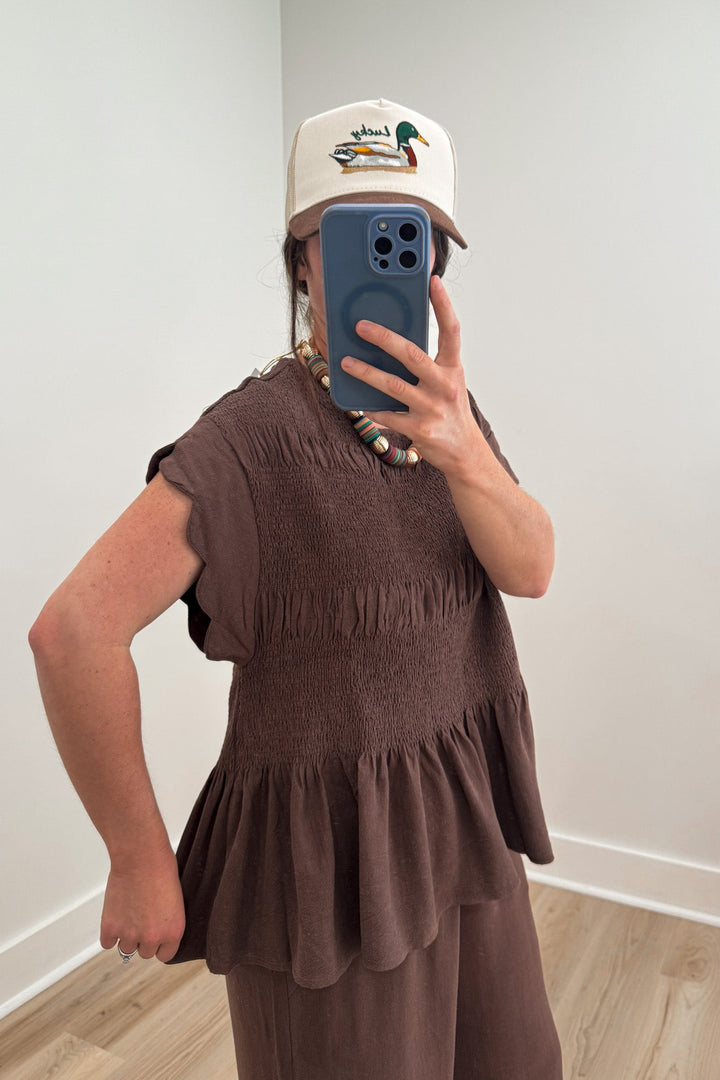 umgee brown scalloped pants set top side