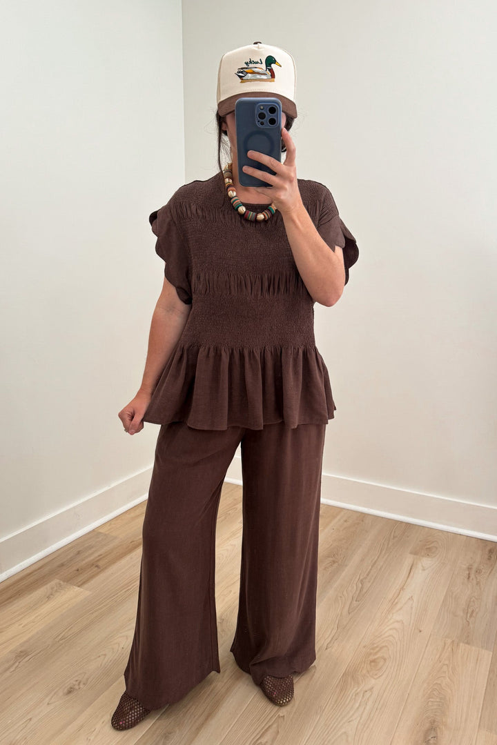 umgee brown scalloped pants set