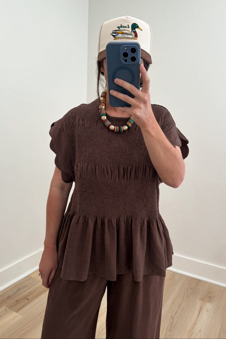 umgee brown scalloped pants top set 
