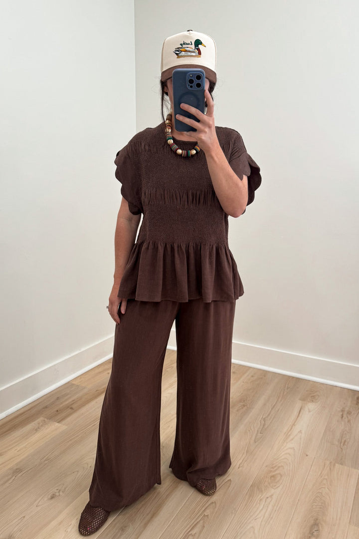 umgee brown scalloped pants matching set