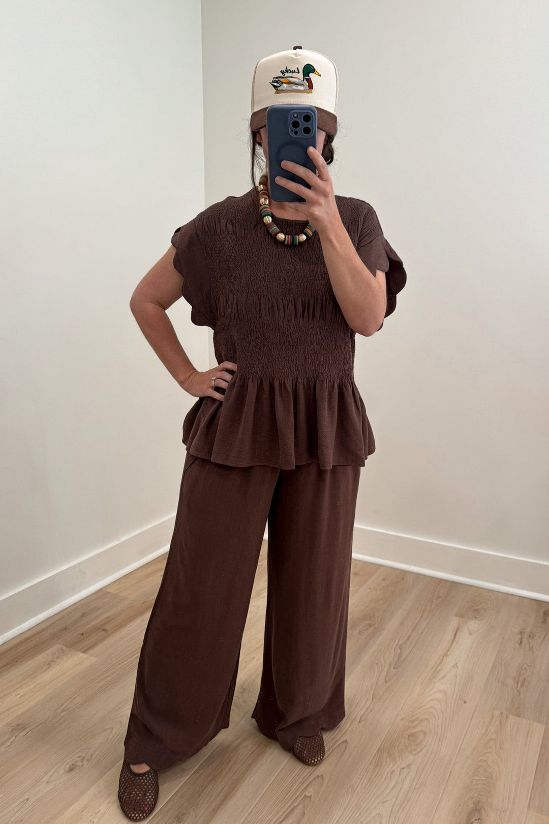 umgee brown scalloped pants set smocked