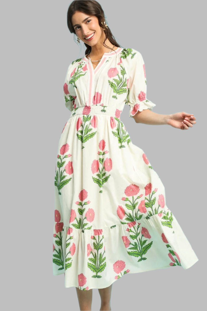 umgee cream floral midi dress