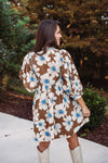 brown blue floral babydoll dress