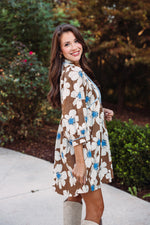 brown blue floral babydoll dress