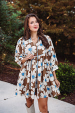 brown blue floral babydoll dress