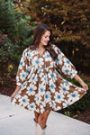 brown blue floral babydoll dress