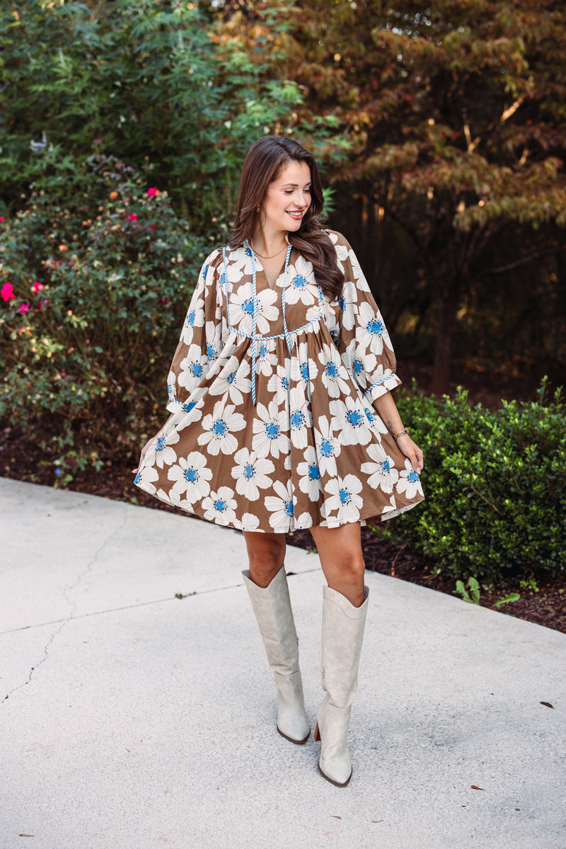 brown blue floral babydoll dress