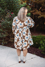 brown blue floral babydoll dress