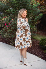 brown blue floral babydoll dress