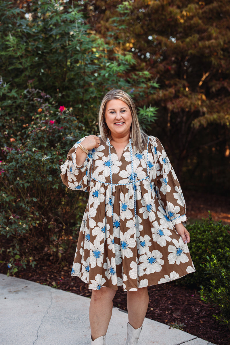 brown blue floral babydoll dress