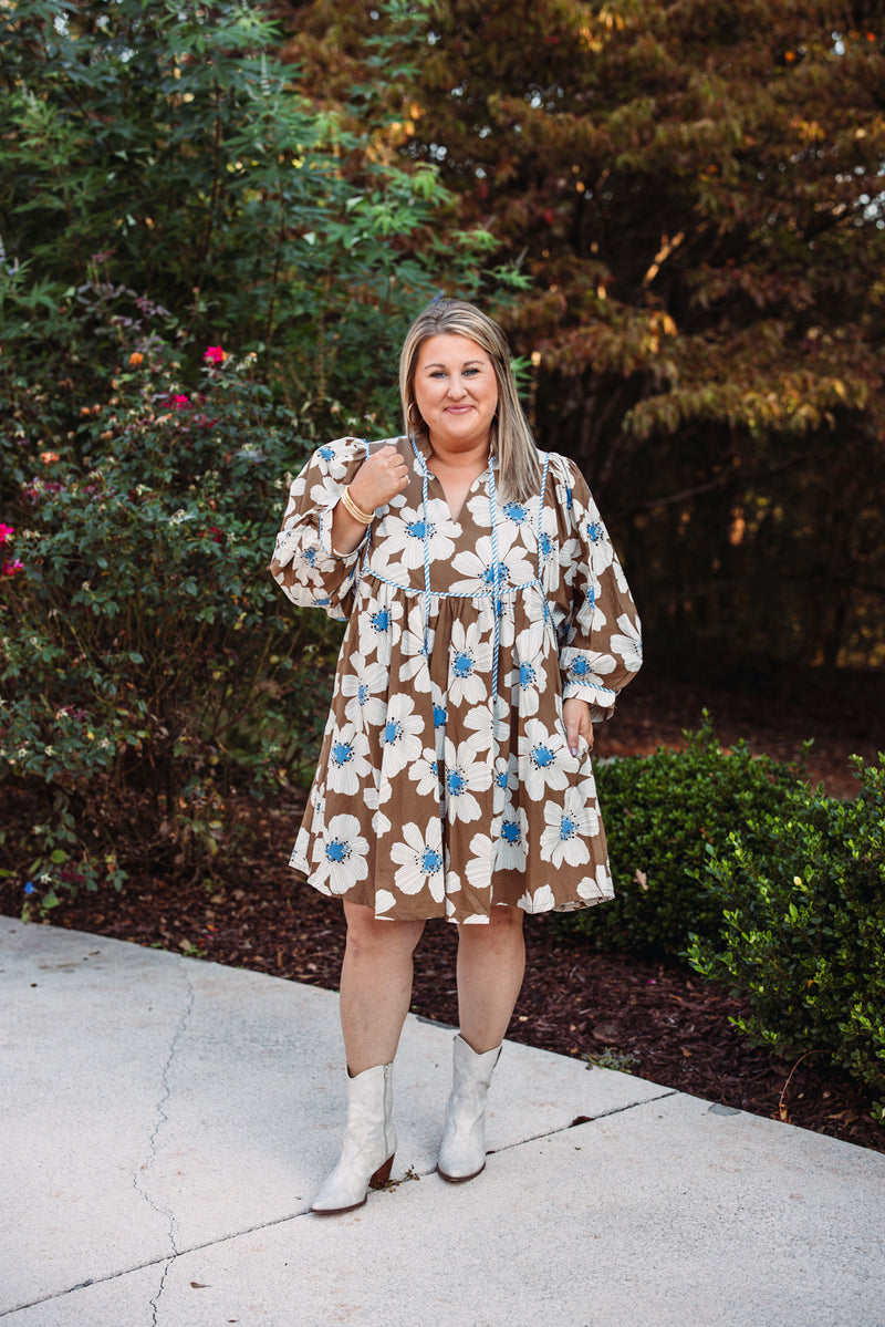 brown blue floral babydoll dress