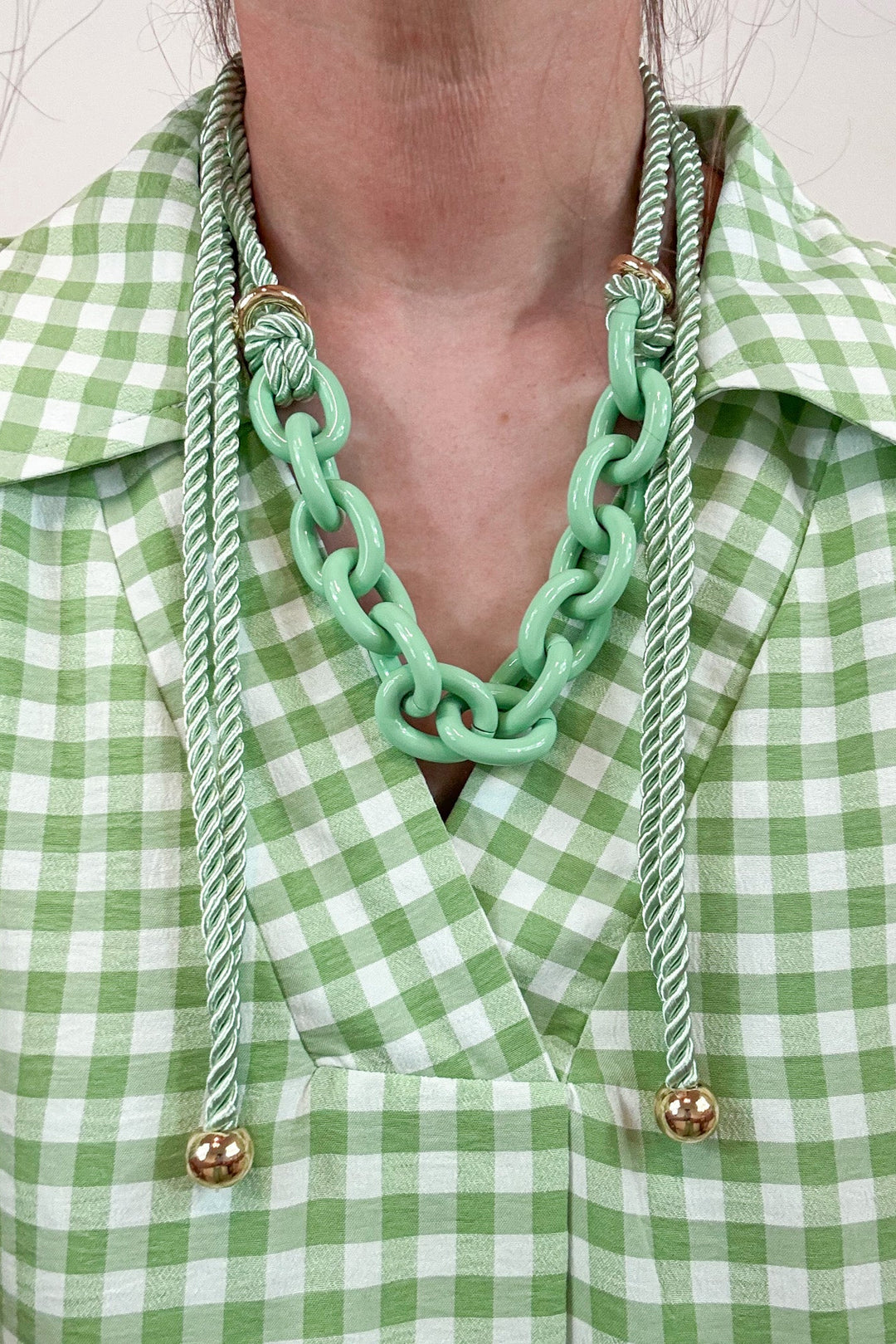 umgee gingham green midi dress with necklaces