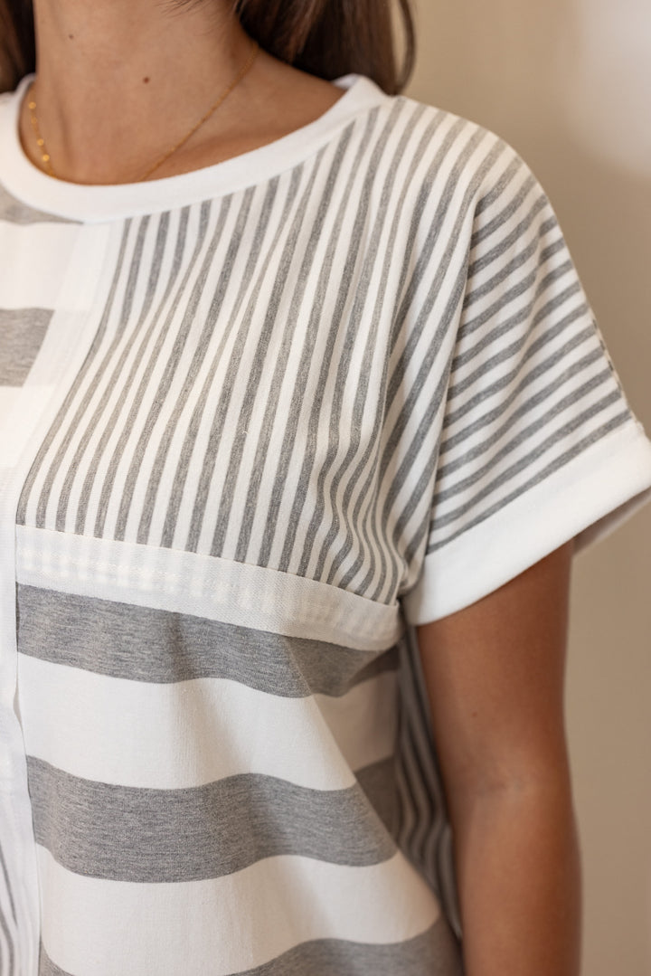 women's umgee grey white striped basic shirt