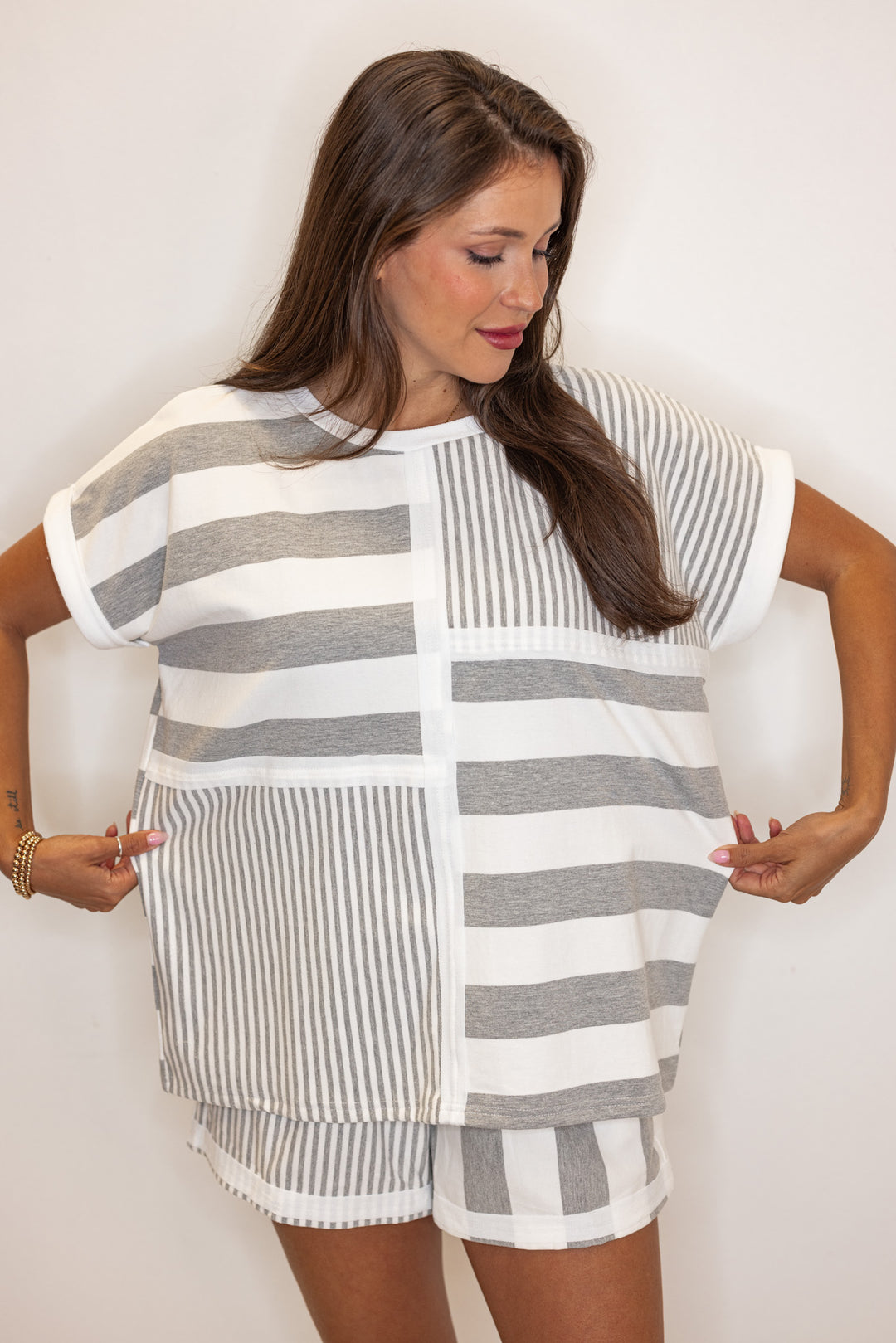 women's umgee grey white striped basic shirt