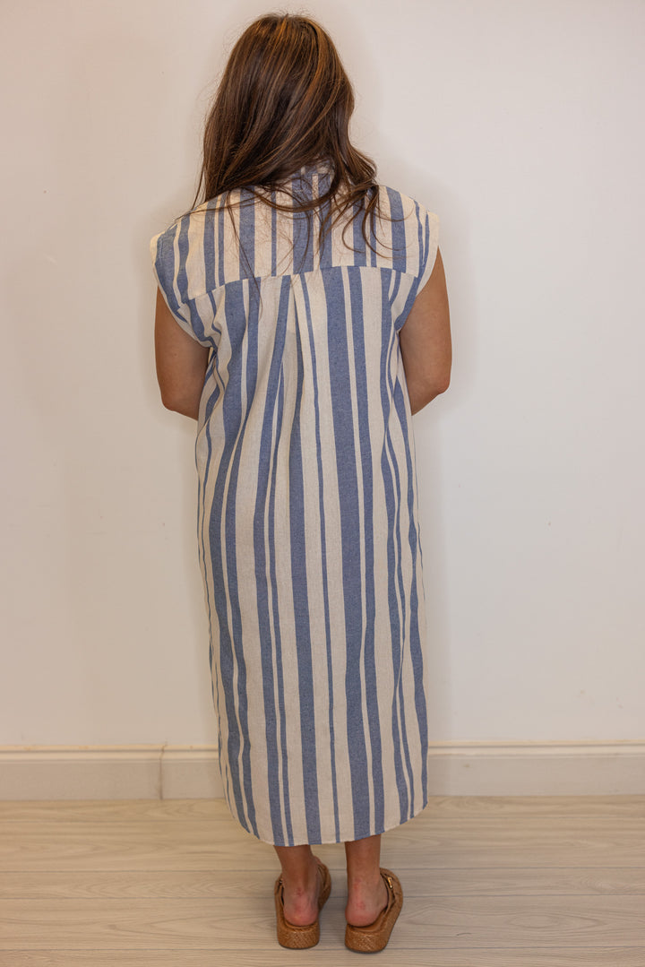 umgee linen blue striped midi dress