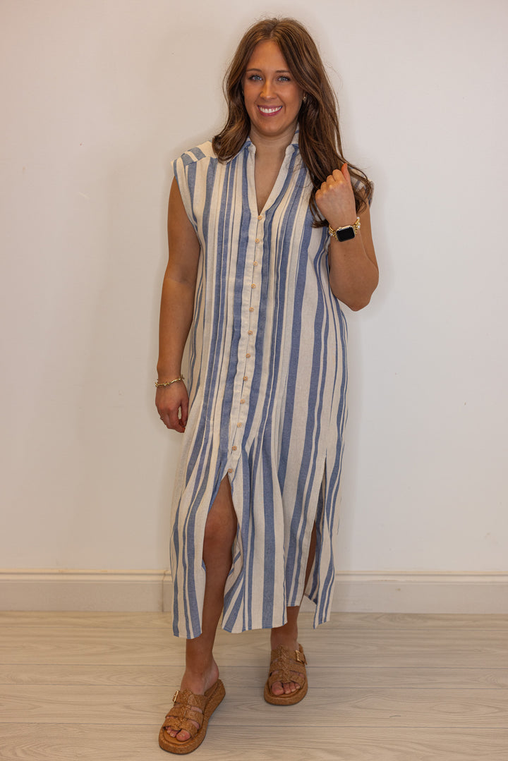umgee linen blue striped midi dress
