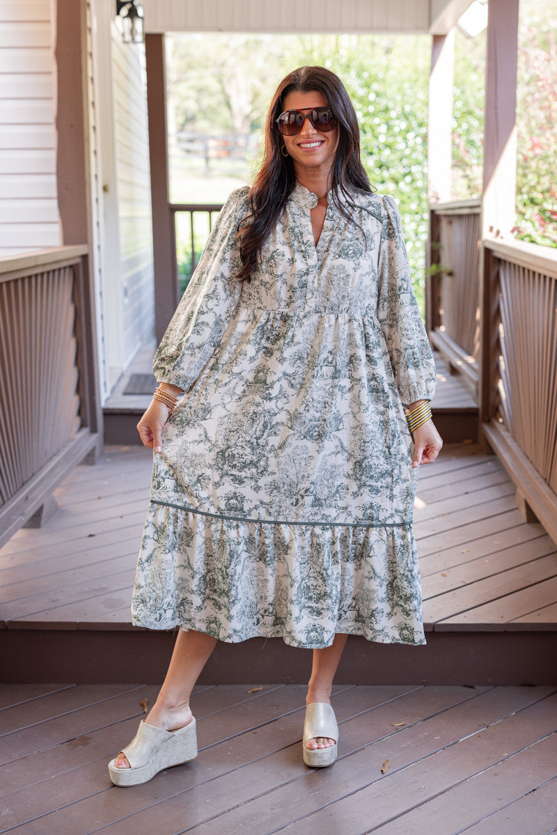 umgee olive ivory print midi dress