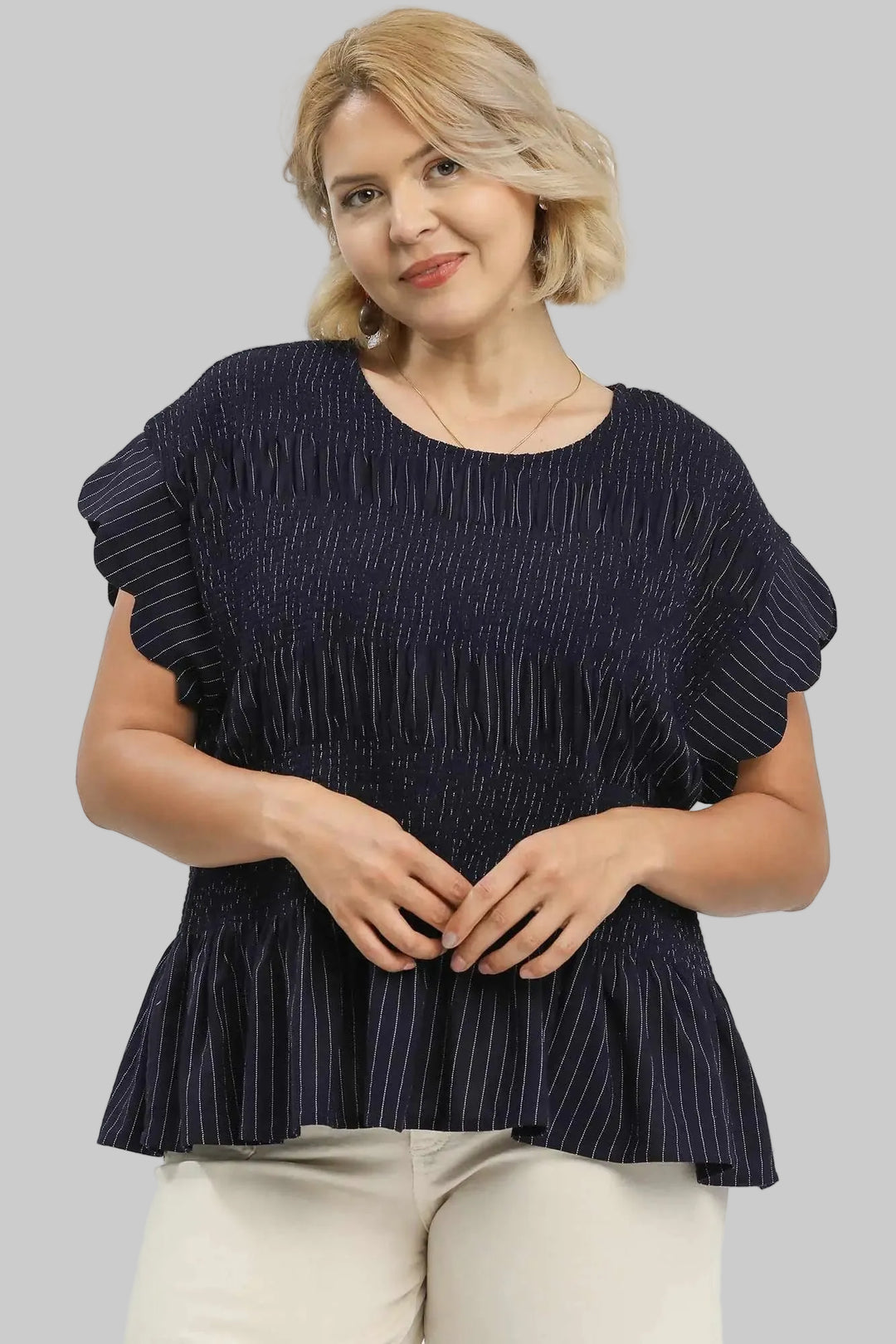 Umgee plus size smocked linen peplum top in navy with cream stitching pinstripes