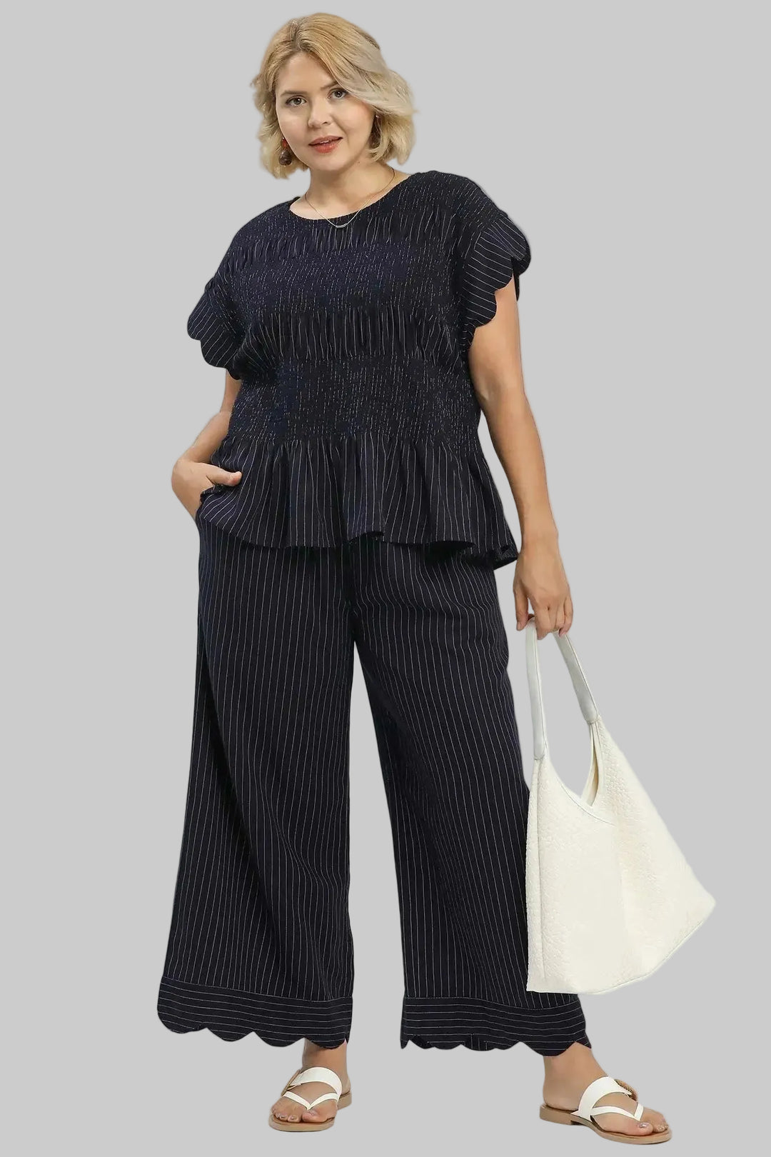 Umgee plus size linen scalloped pants in navy with cream stitching pinstripes