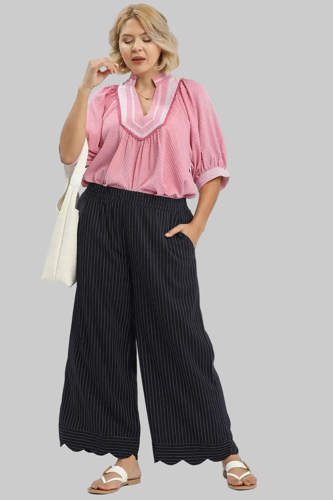 Umgee plus size navy and cream pinstripe linen pants with scalloped hem and front pockets