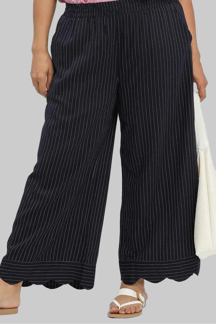 Umgee plus size navy and cream pinstripe linen pants with scalloped hem