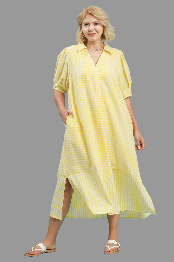 umgee women's plus size yellow gingham dress